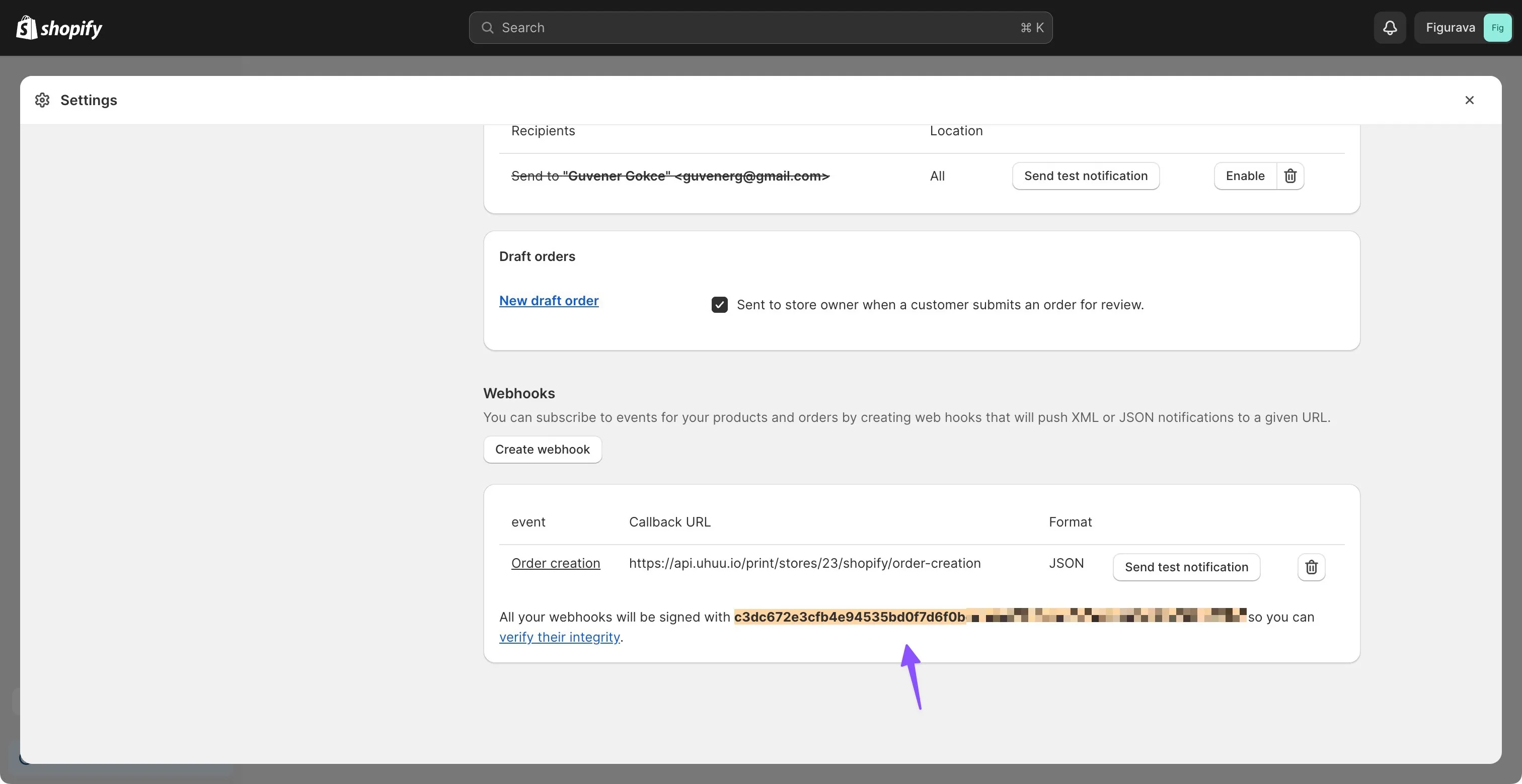 Copy your verification signature to configure your uhuu shop